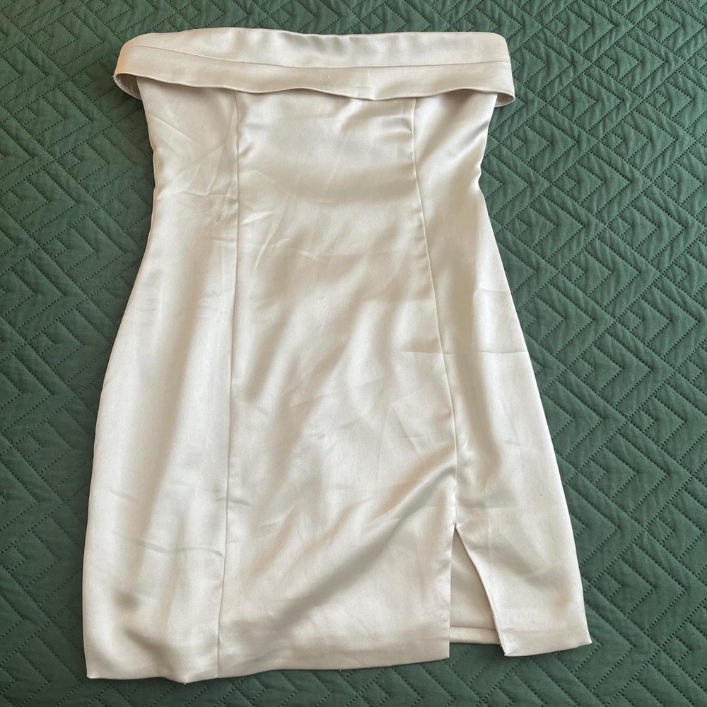 Cream Strapless Bodycon Dress with Slit